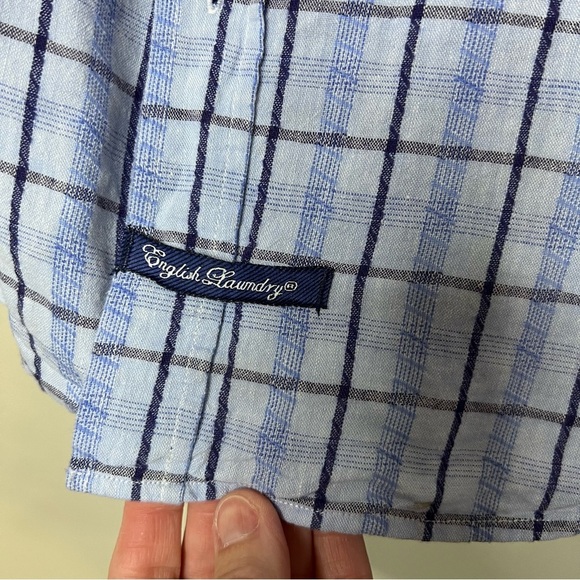 English Laundry Men’s Blue Plaid Linen Blend Button Up Shirt size large - Picture 5 of 10